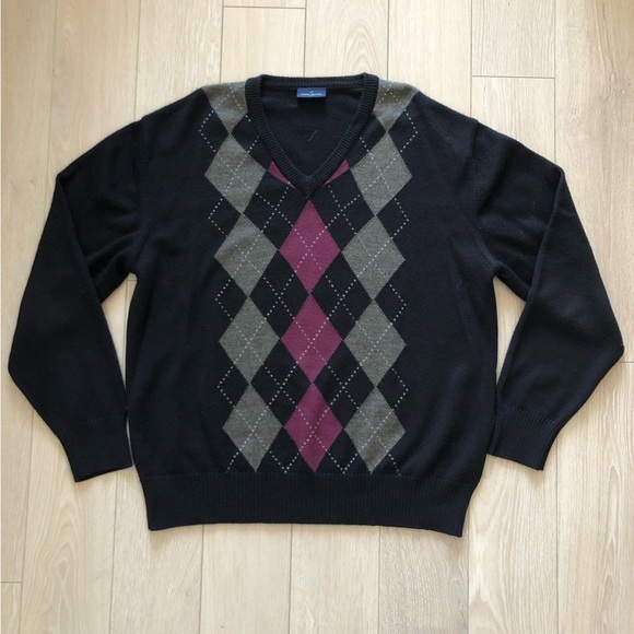 Daniel Hechter Paris Black Argyle V Neck Sweater - Picture 1 of 10